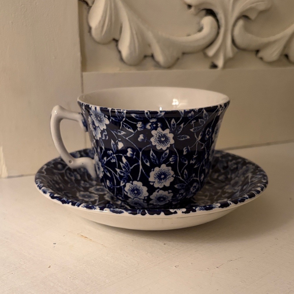 Calico Burleigh Blue and White Teacup and Saucer Set. England - Picture 2 of 4